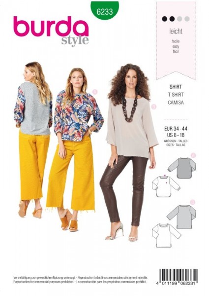 Burda Schnitt Shirt – graffte Ausschnittblende – 3/4 Ärmel 6233
