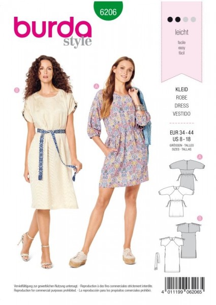 Burda Schnitt Legeres Kleid mit Raglanärmeln – Taillendurchzug 6206