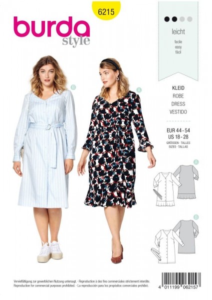Burda Schnitt Kleid mit Knopfverschluss – V-Ausschnitt – Saumvolant 6215