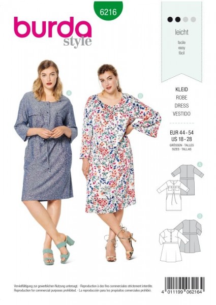 Burda Schnitt Kleid mit vord. Knopfverschluss und Taillenblende 6216