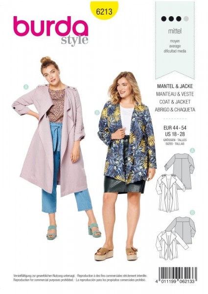 Burda Schnitt Mantel ohne Kragen und Verschluss 6213