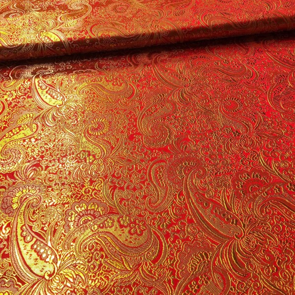 Brokat Paisley mit Blumen rot-gold-weiß