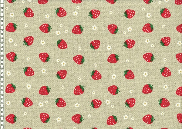 Dekostoff beige mit Druck Erdbeeren und Blumen