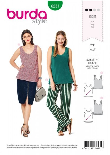 Burda Schnitt Top runder Ausschnitt – einfach oder doppellagig 6231