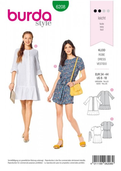 Burda Schnitt Kleid – legere Form – Saumrüschen 6208