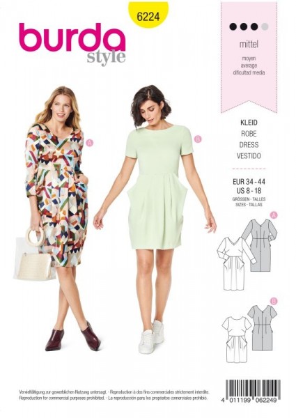 Burda Schnitt Kleid – V-Auschnitt – Rock mit Falten – Tütentaschen 6224