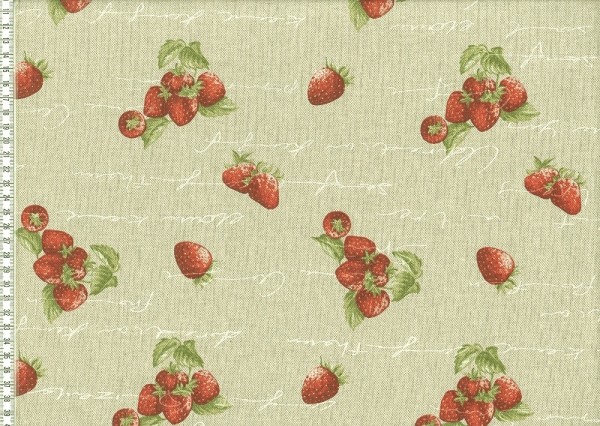 Dekostoff beige mit Druck Erdbeeren und Schriftzug