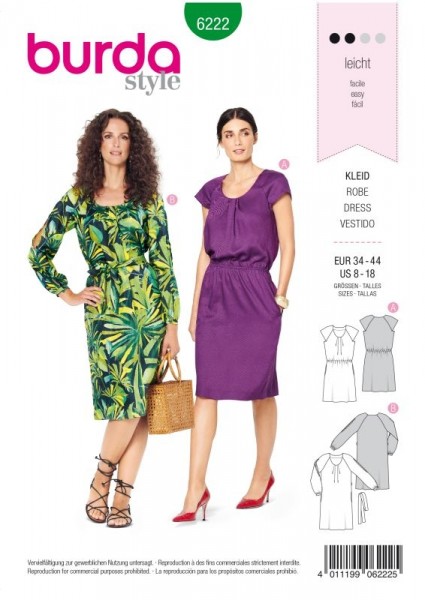 Burda Schnitt Kleid mit Fältchen am Ausschnitt –Raglanärmel 6222