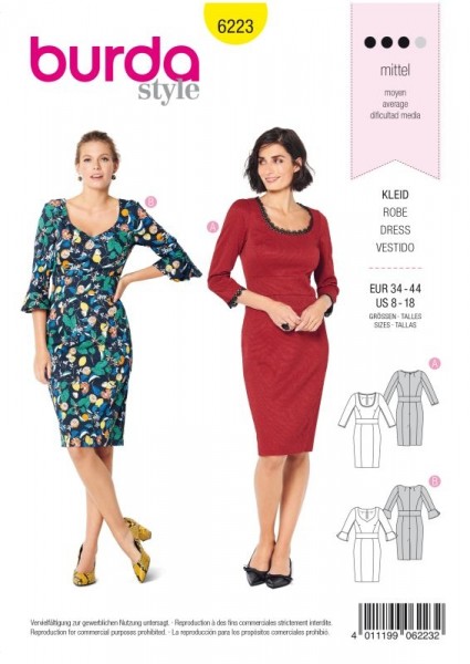 Burda Schnitt Kleid mit Taillenblende –zweierlei Ausschnitt 6223